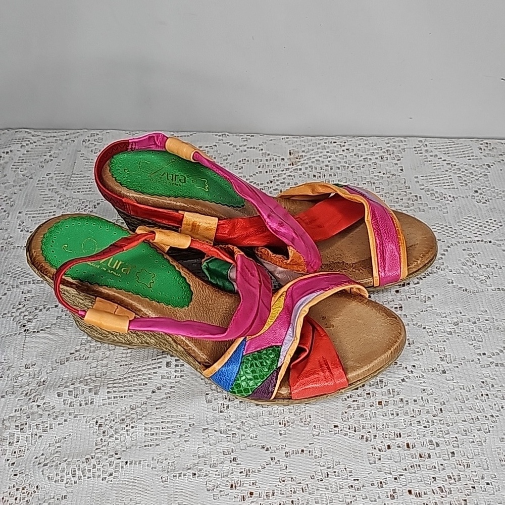 Azura Zeta made in Spain multi color strappy leather espadrille wedges sz 6